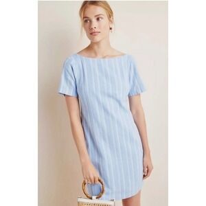 Anthropologie Cape May Striped Linen Blend Short Sleeve Bow Back Mini Dress 10